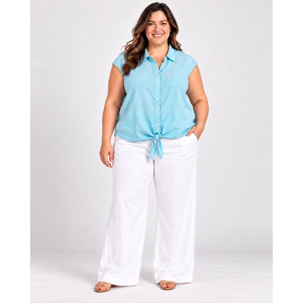 Talbots Plus 2X Light Blue 100% Linen Button Front Tie Hem Blouse Short Sleeve